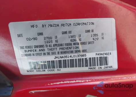 1990 Mazda Mx-5 Miata from USA, damaged, VIN JM1NA3514L0137985